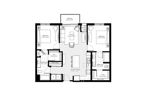 Floor plan for 2 beds, 2 baths, 1065 sqft